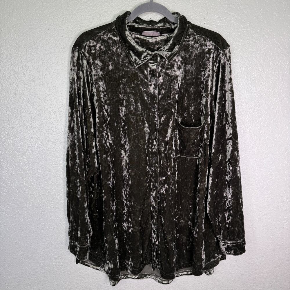 Belle Kim Gravel Top Womens 2X Crushed Velvet Shirt Button Up Blouse Tunic Green